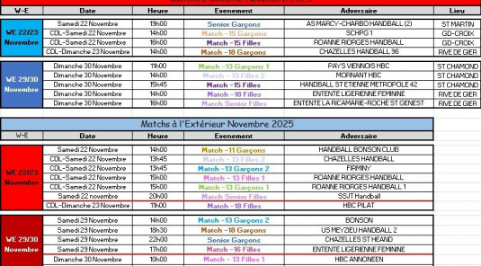 Matchs du mois de Novembre