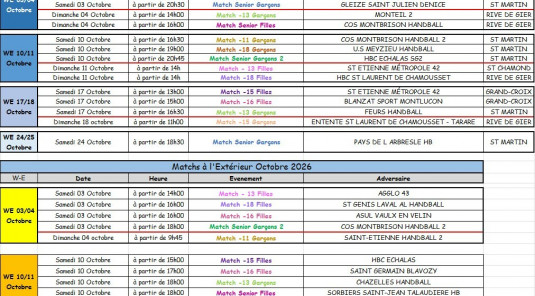 Matchs du mois d'Octobre